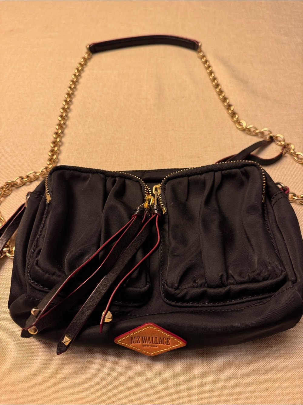 MZ Wallace Black Quilted Crossbody with Gold Chain and Maroon Trim